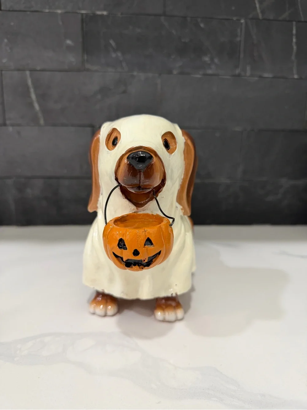 Halloween Dog Statue Figurine in White and Brown with Pumpkin Bucket